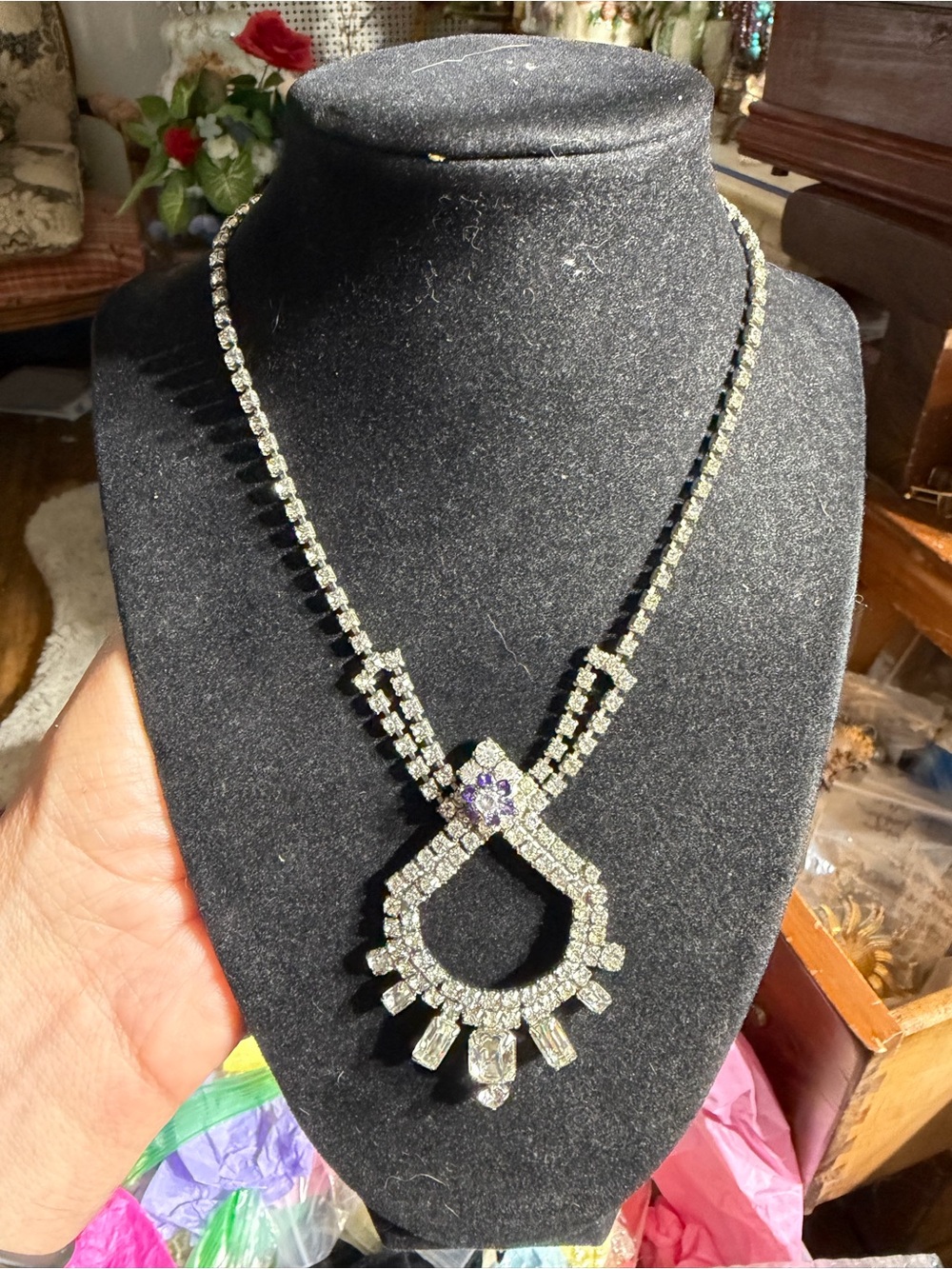 Vintage Silver Tone Crystal Drop Statement Necklace 15”